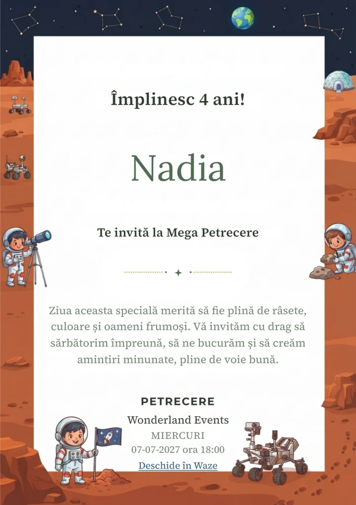 Invitație la zi de naștere Astronauți pe Marte – Misiunea Roșie pentru copii, cu astronauți copii, rover, planeta Marte și cer spațial.