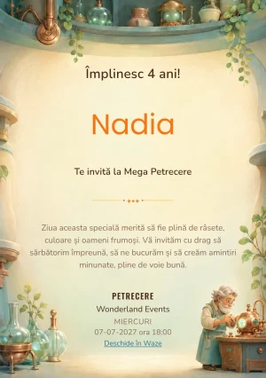 Invitație la ziua de naștere Atelierul Vrăjitorului Bun pentru copii, cu un inventator-magician, văzut discret lateral.
