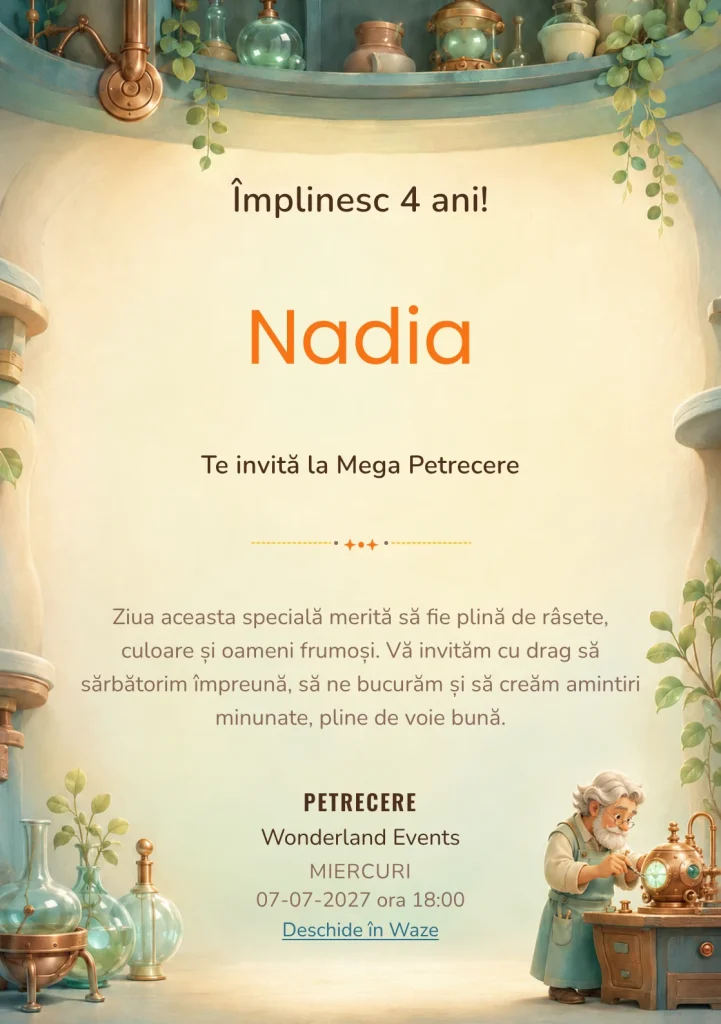 Invitație la ziua de naștere Atelierul Vrăjitorului Bun pentru copii, cu un inventator-magician, văzut discret lateral.