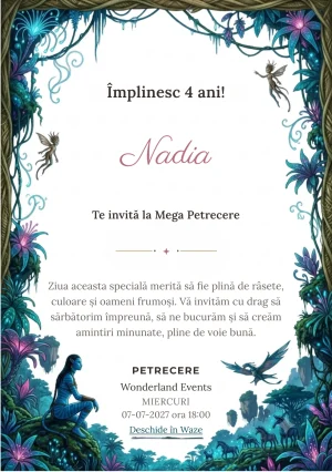 Invitație la ziua de naștere Avatar – Pădurea Albastră pentru copii, cu o pădure fantastică bioluminescentă, siluete albastre și creaturi zburătoare.