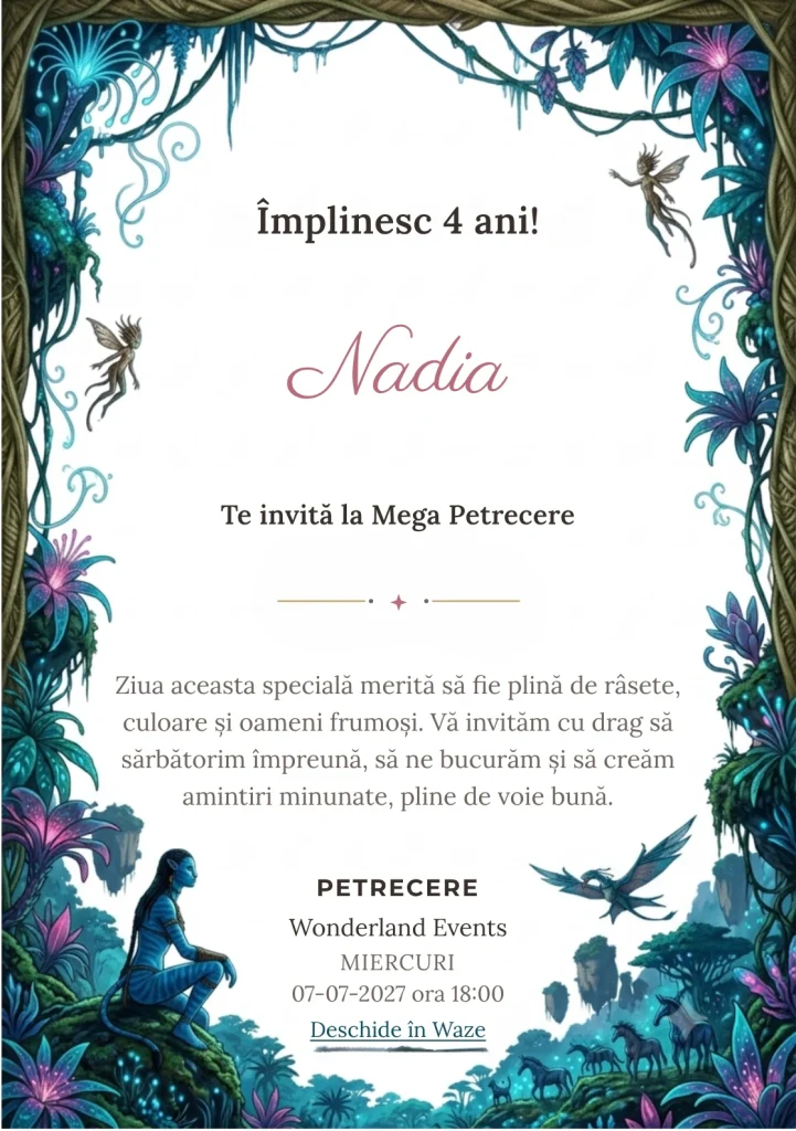 Invitație la ziua de naștere Avatar – Pădurea Albastră pentru copii, cu o pădure fantastică bioluminescentă, siluete albastre și creaturi zburătoare.