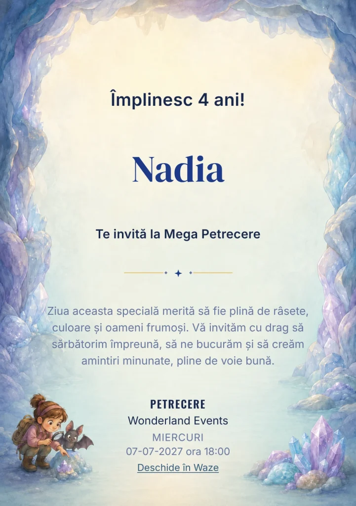 Aventura din Peșteră – invitație aniversară pentru copii, cu un explorator și un liliac simpatic.