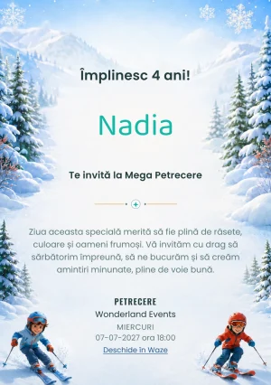 Invitație la ziua de naștere Aventura pe Schiuri pentru copii, cu doi copii schiori cu echipament.