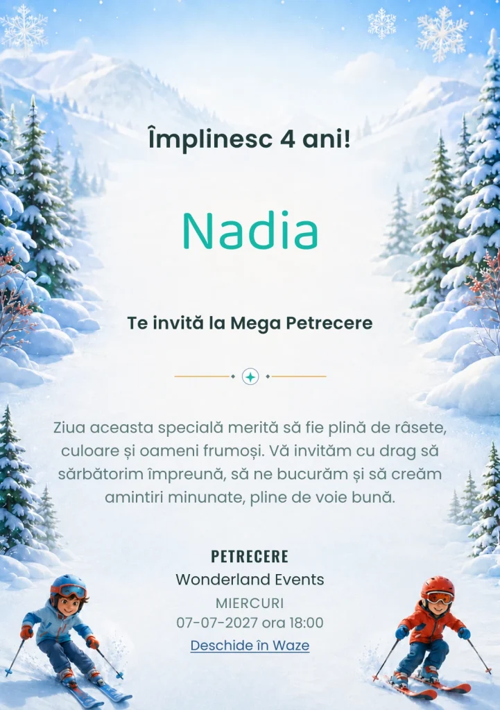 Invitație la ziua de naștere Aventura pe Schiuri pentru copii, cu doi copii schiori cu echipament.