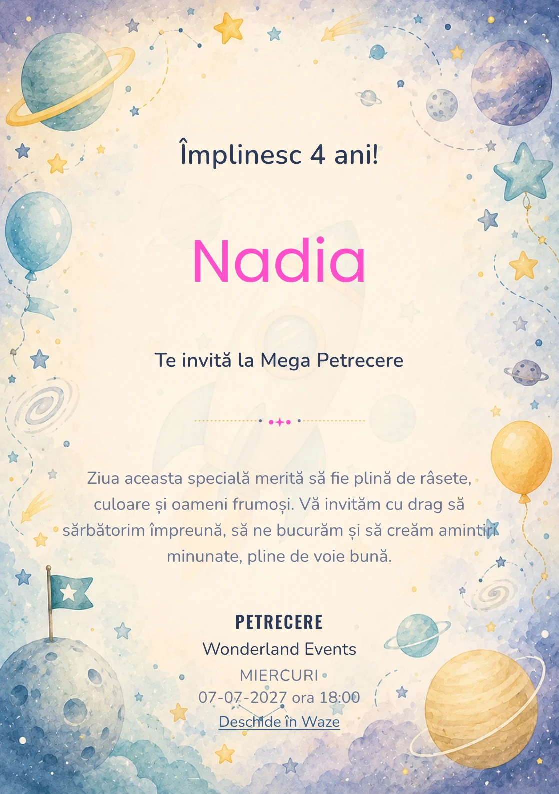 Invitație digitală Aventură Spațială pentru ziua de naștere a copiilor, cu o rachetă, planete pastel și stele discrete.