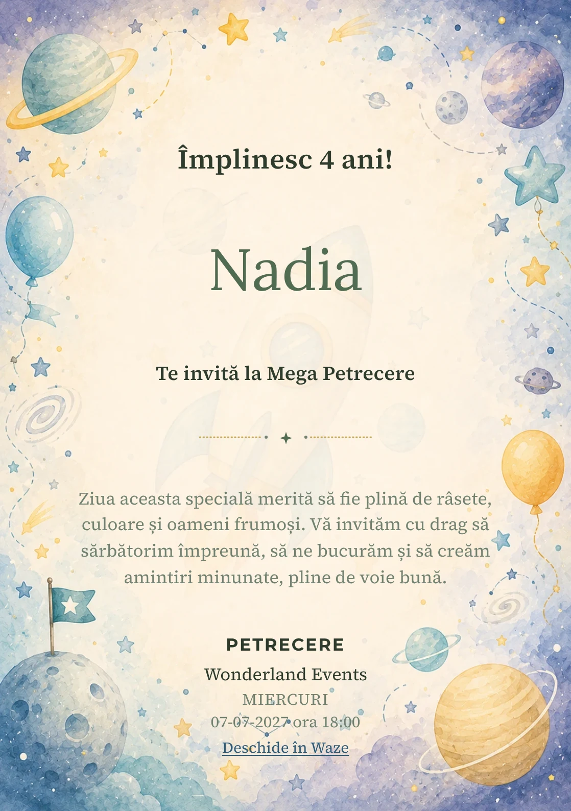 Invitație digitală Aventură Spațială pentru ziua de naștere a copiilor, cu o rachetă, planete pastel și stele discrete.