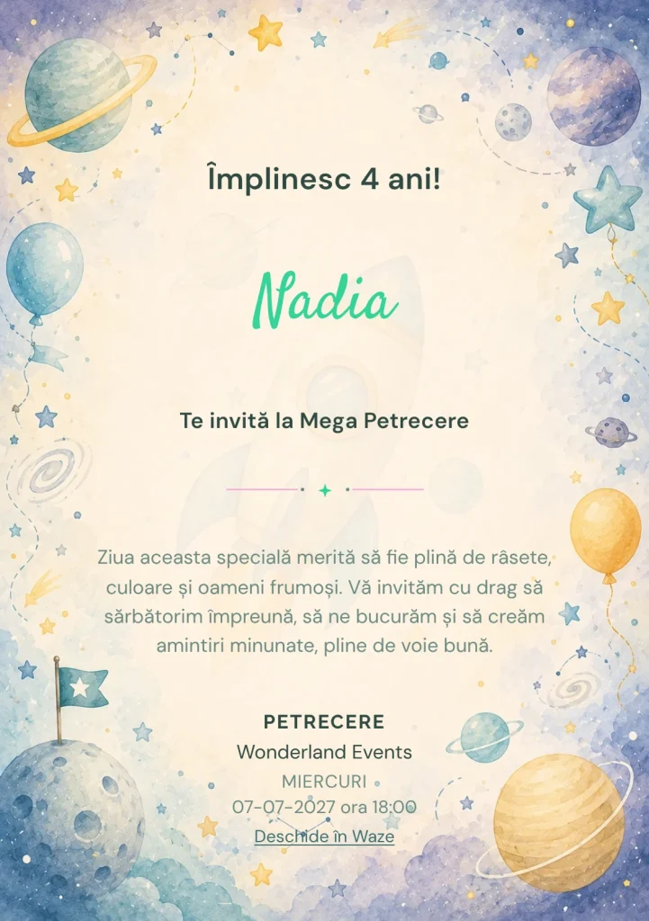 Invitație digitală Aventură Spațială pentru ziua de naștere a copiilor, cu o rachetă, planete pastel și stele discrete.