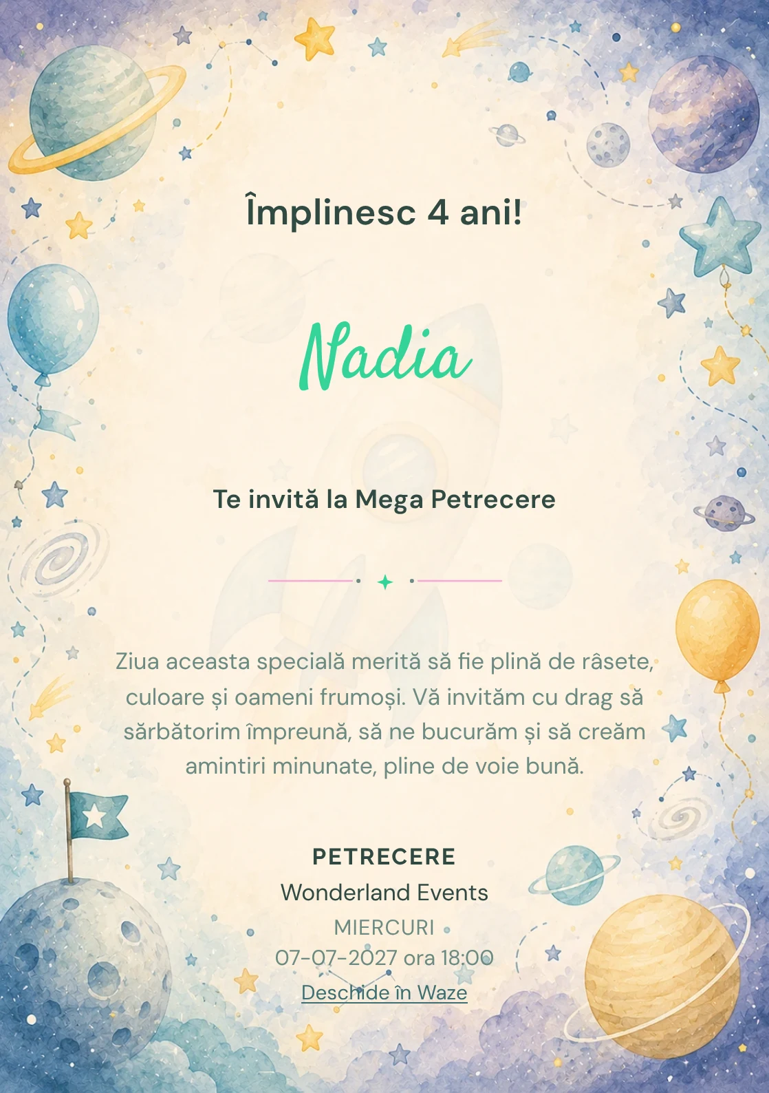 Invitație digitală Aventură Spațială pentru ziua de naștere a copiilor, cu o rachetă, planete pastel și stele discrete.