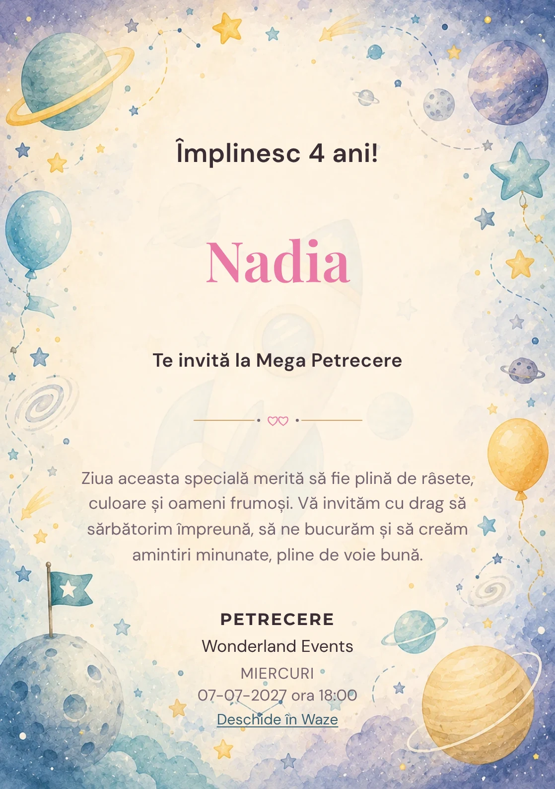 Invitație digitală Aventură Spațială pentru ziua de naștere a copiilor, cu o rachetă, planete pastel și stele discrete.