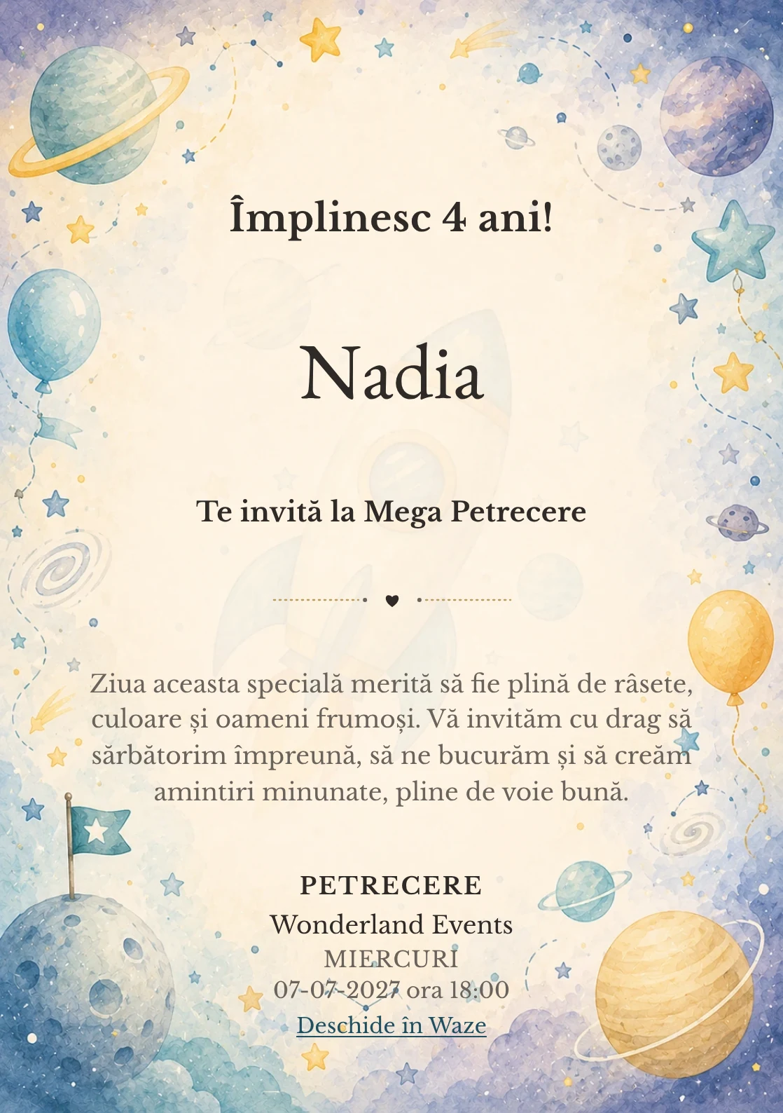 Invitație digitală Aventură Spațială pentru ziua de naștere a copiilor, cu o rachetă, planete pastel și stele discrete.