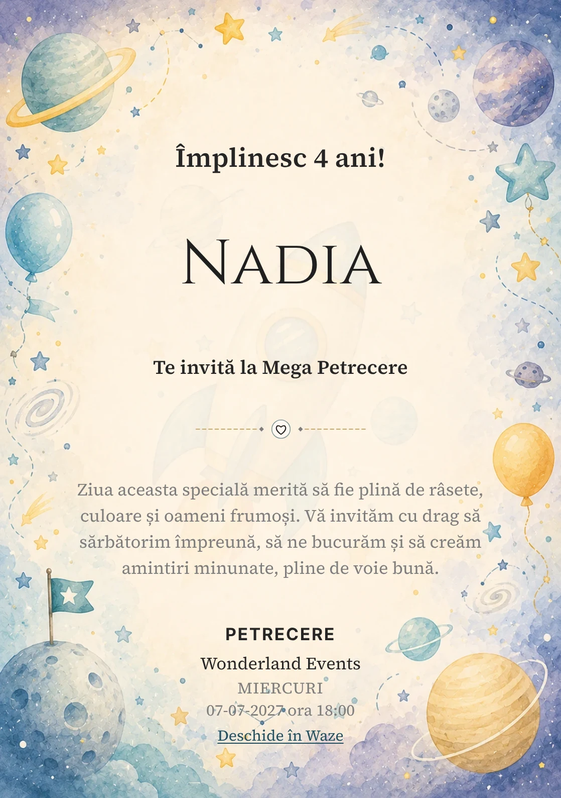 Invitație digitală Aventură Spațială pentru ziua de naștere a copiilor, cu o rachetă, planete pastel și stele discrete.