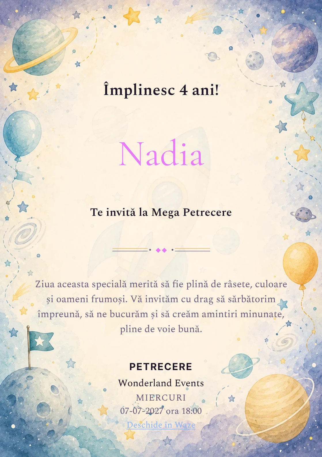 Invitație digitală Aventură Spațială pentru ziua de naștere a copiilor, cu o rachetă, planete pastel și stele discrete.