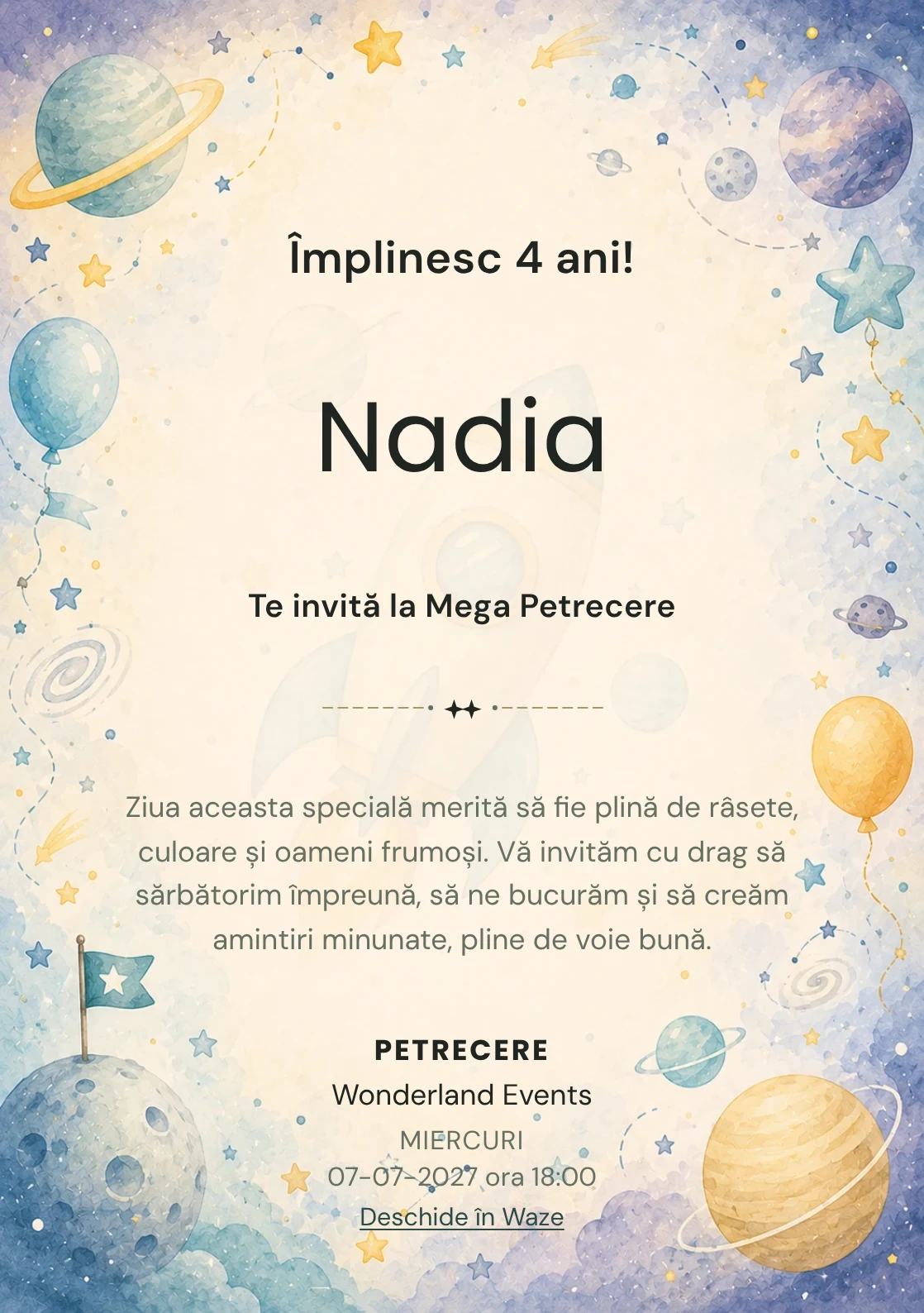Invitație digitală Aventură Spațială pentru ziua de naștere a copiilor, cu o rachetă, planete pastel și stele discrete.