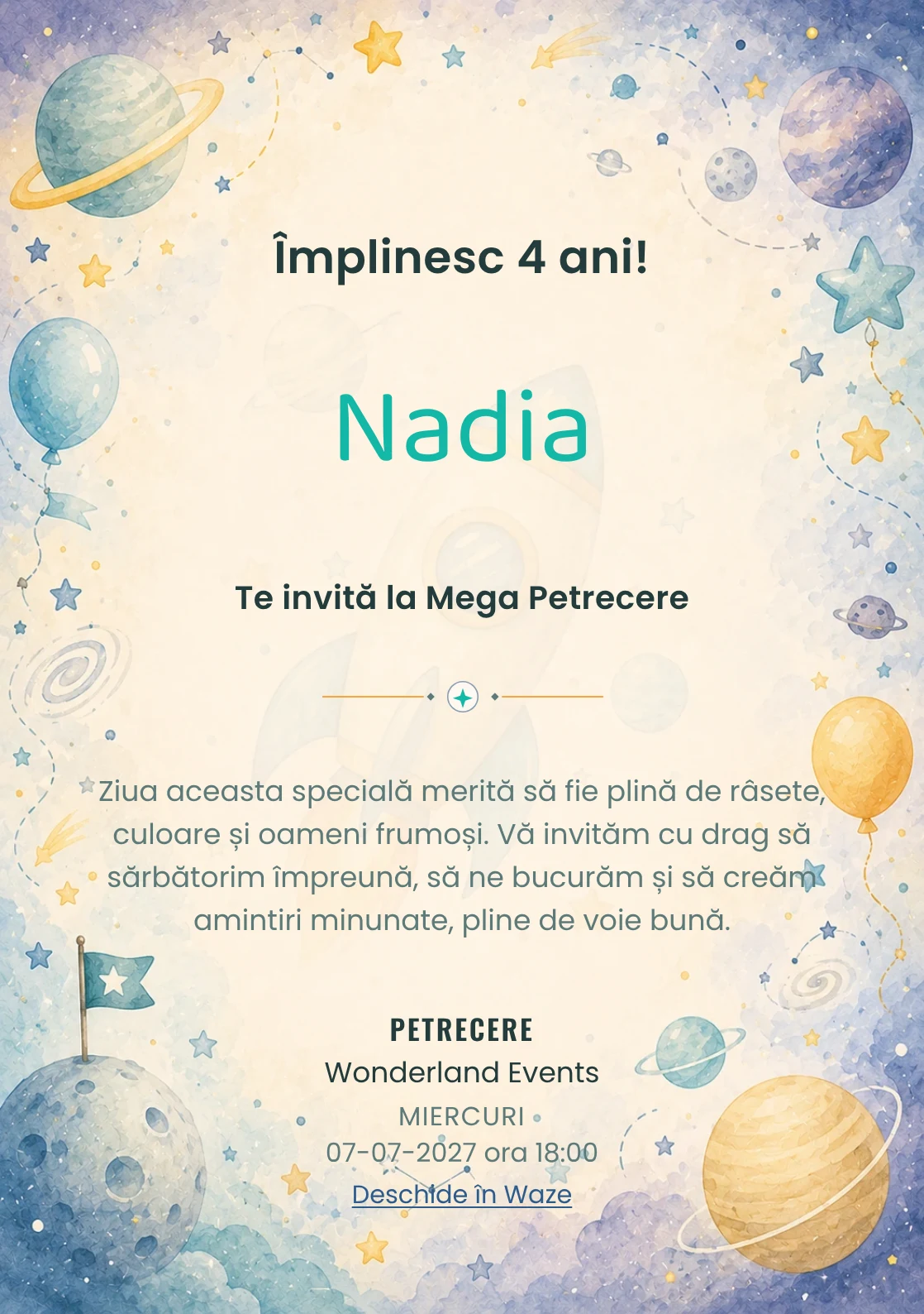Invitație digitală Aventură Spațială pentru ziua de naștere a copiilor, cu o rachetă, planete pastel și stele discrete.