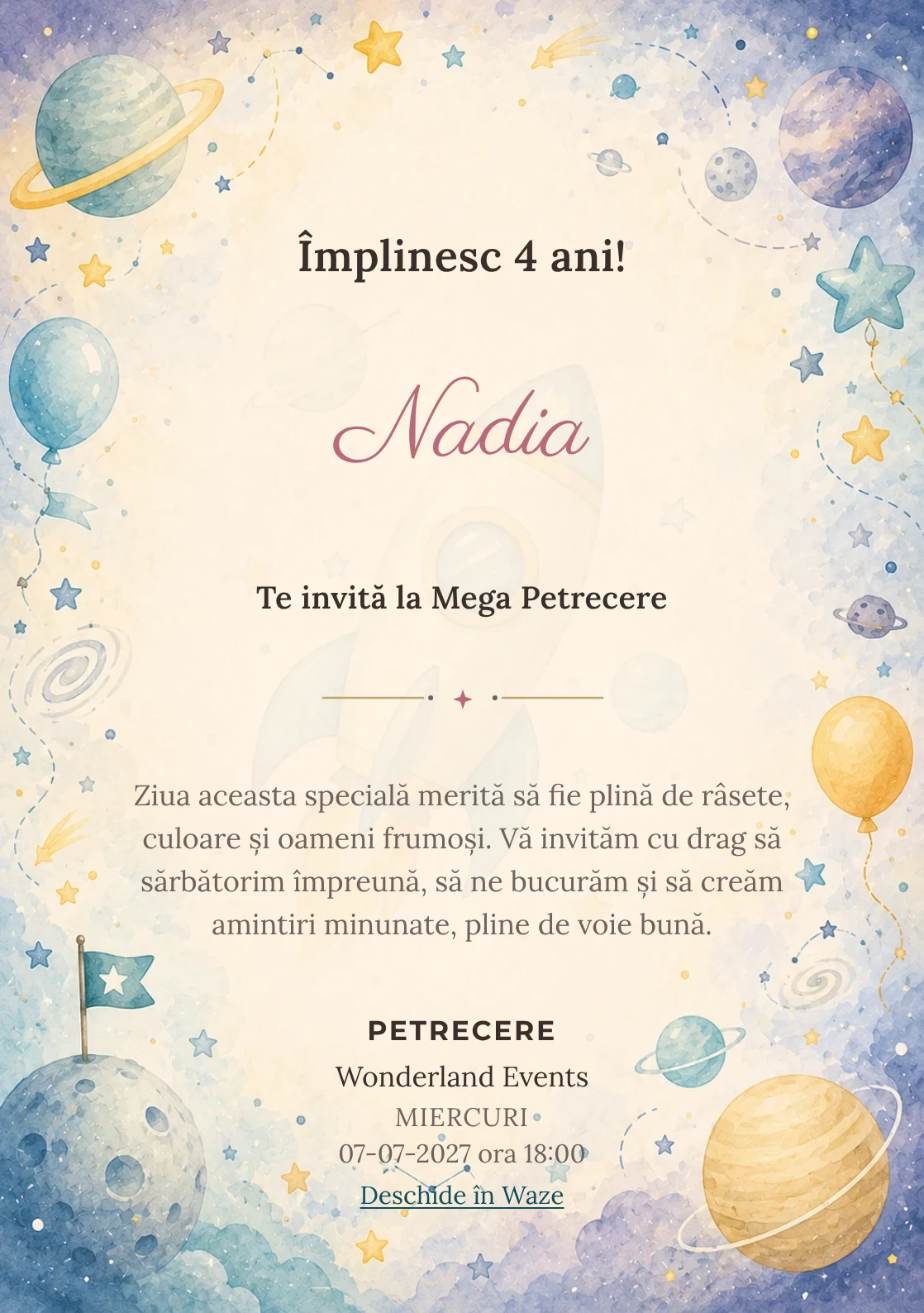 Invitație digitală Aventură Spațială pentru ziua de naștere a copiilor, cu o rachetă, planete pastel și stele discrete.