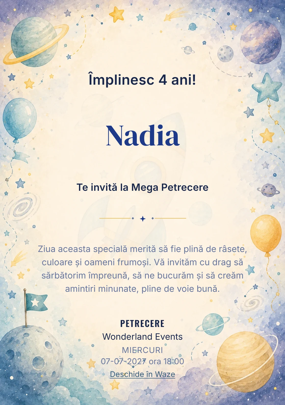 Invitație digitală Aventură Spațială pentru ziua de naștere a copiilor, cu o rachetă, planete pastel și stele discrete.