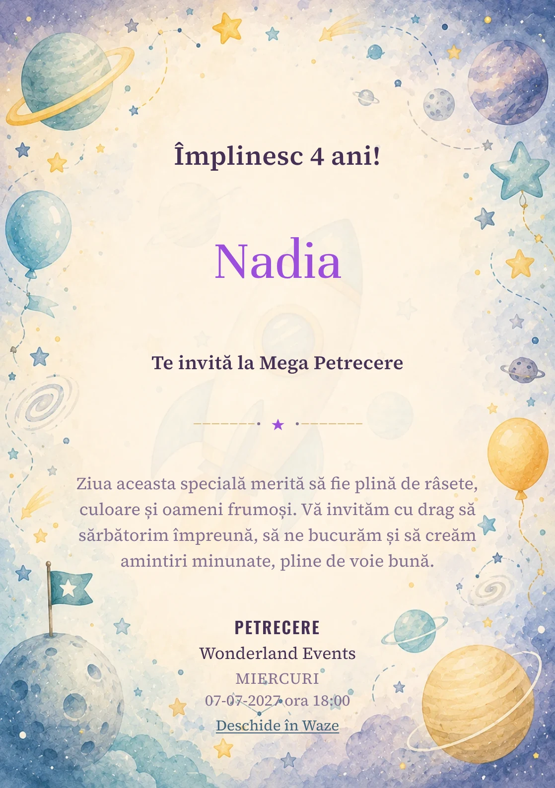 Invitație digitală Aventură Spațială pentru ziua de naștere a copiilor, cu o rachetă, planete pastel și stele discrete.