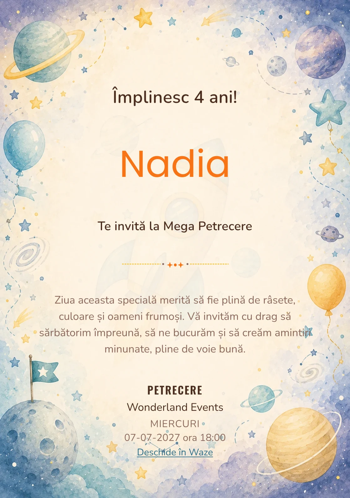 Invitație digitală Aventură Spațială pentru ziua de naștere a copiilor, cu o rachetă, planete pastel și stele discrete.