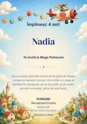 Invitație digitală Avionul Poștaș pentru ziua de naștere a copiilor, cu un avion cu aripi rotunjite și pilot-creatură.