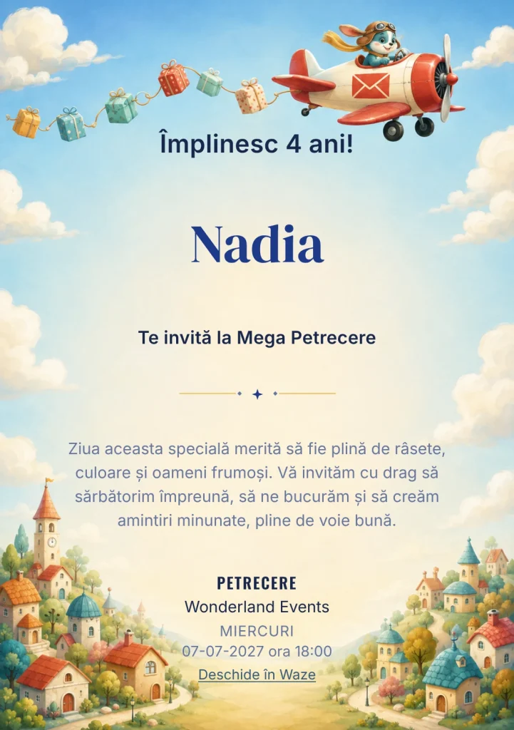 Invitație digitală Avionul Poștaș pentru ziua de naștere a copiilor, cu un avion cu aripi rotunjite și pilot-creatură.