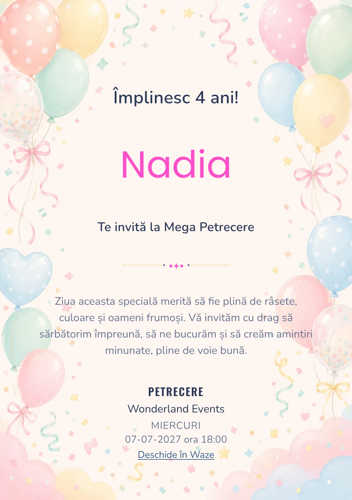 Baloane Colorate, invitație de zi de naștere pentru copii, cu baloane pastel, panglici și confetti fin.