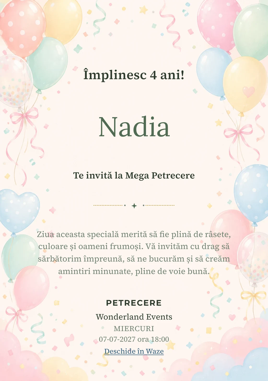 Baloane Colorate, invitație de zi de naștere pentru copii, cu baloane pastel, panglici și confetti fin.