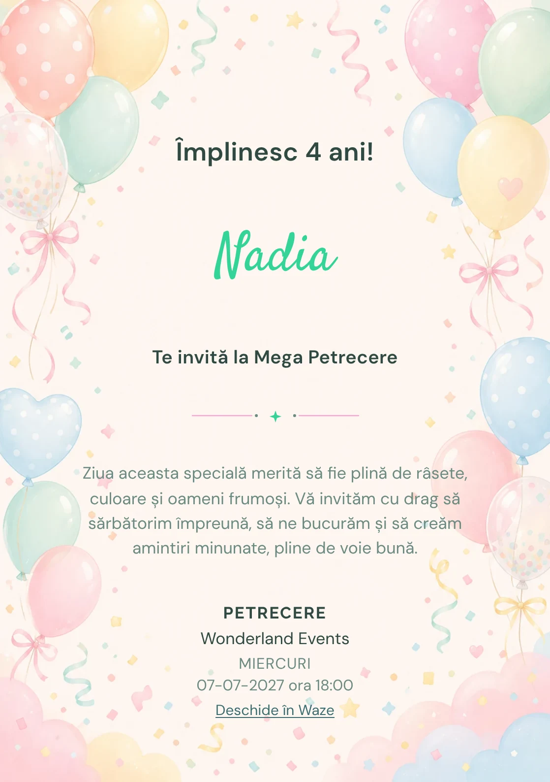 Baloane Colorate, invitație de zi de naștere pentru copii, cu baloane pastel, panglici și confetti fin.