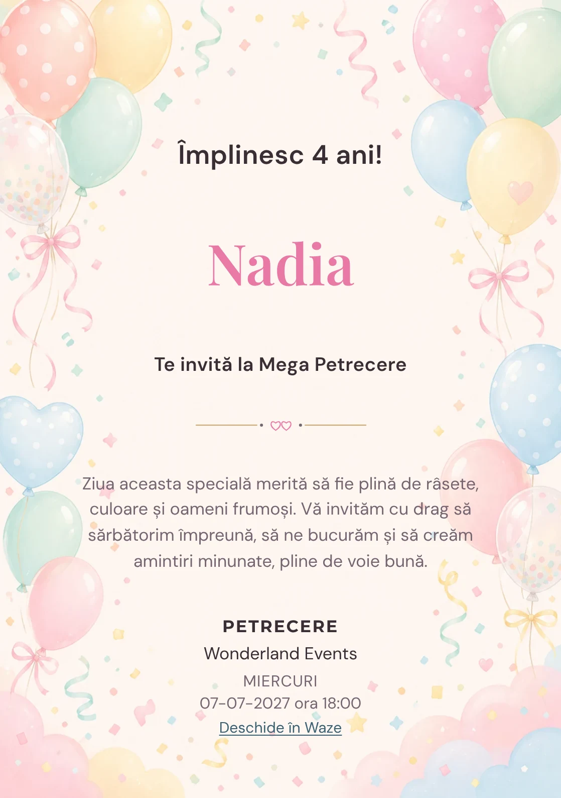 Baloane Colorate, invitație de zi de naștere pentru copii, cu baloane pastel, panglici și confetti fin.