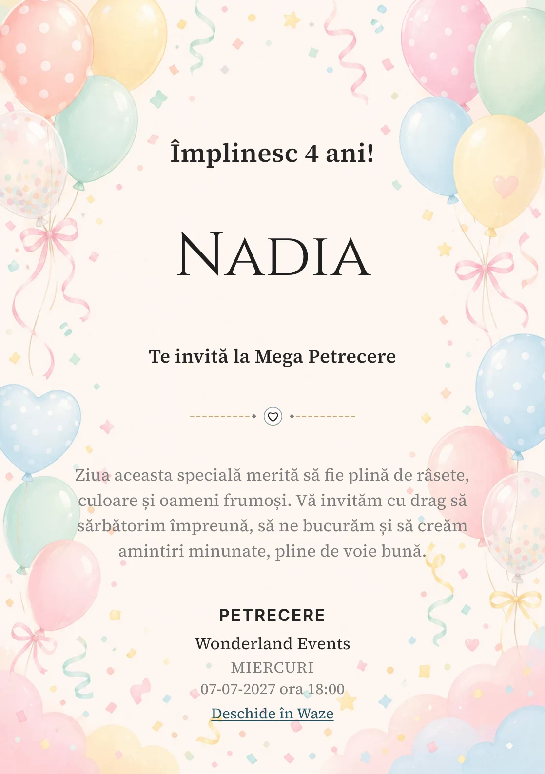 Baloane Colorate, invitație de zi de naștere pentru copii, cu baloane pastel, panglici și confetti fin.