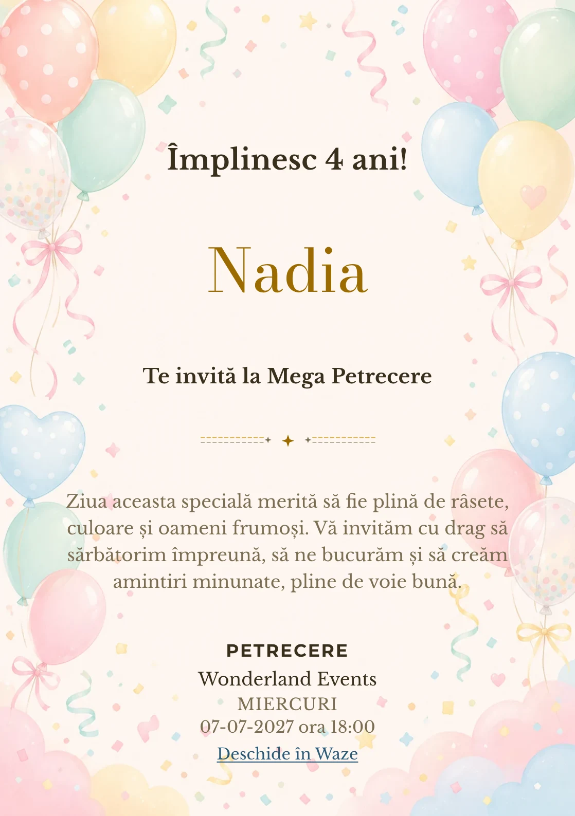 Baloane Colorate, invitație de zi de naștere pentru copii, cu baloane pastel, panglici și confetti fin.