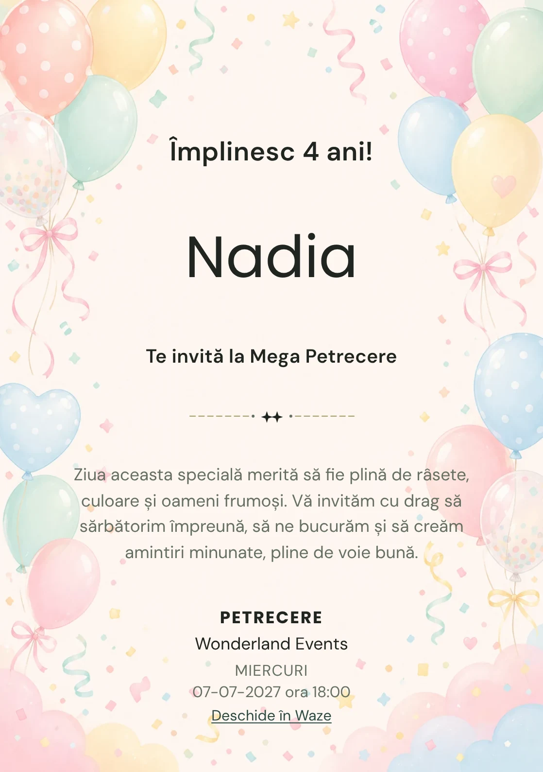 Baloane Colorate, invitație de zi de naștere pentru copii, cu baloane pastel, panglici și confetti fin.