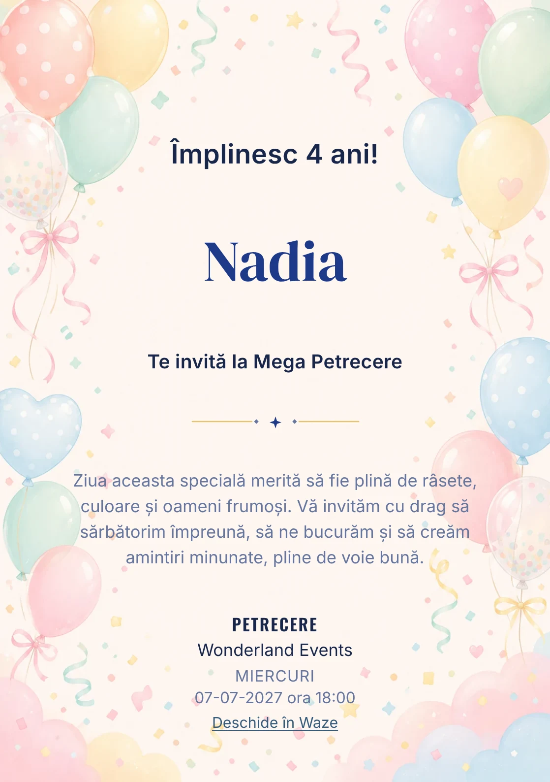 Baloane Colorate, invitație de zi de naștere pentru copii, cu baloane pastel, panglici și confetti fin.