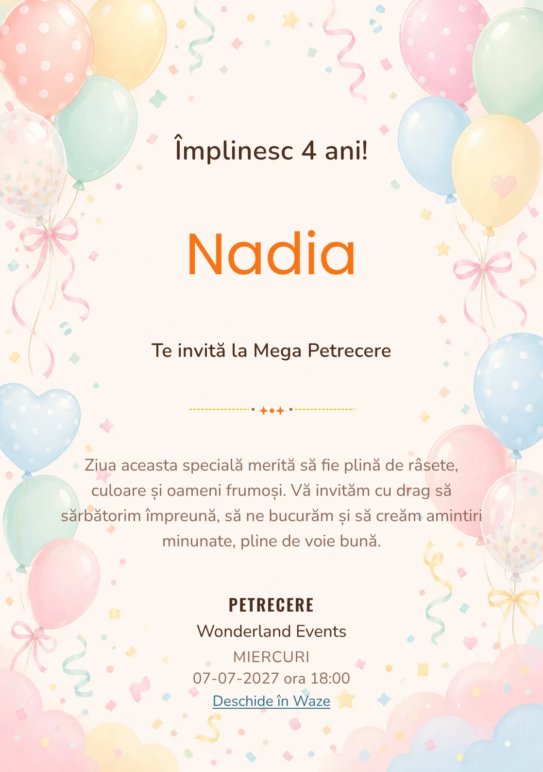 Baloane Colorate, invitație de zi de naștere pentru copii, cu baloane pastel, panglici și confetti fin.