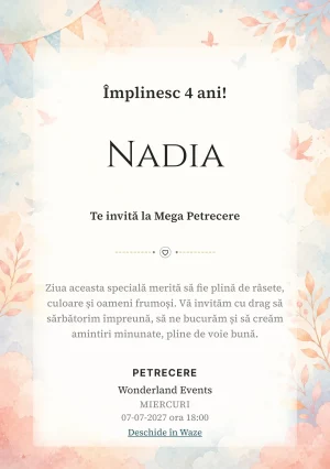 Modelul Balon cu Aer, invitație de zi de naștere pentru copii, prezintă un balon cu aer cald, nori și păsări mici.