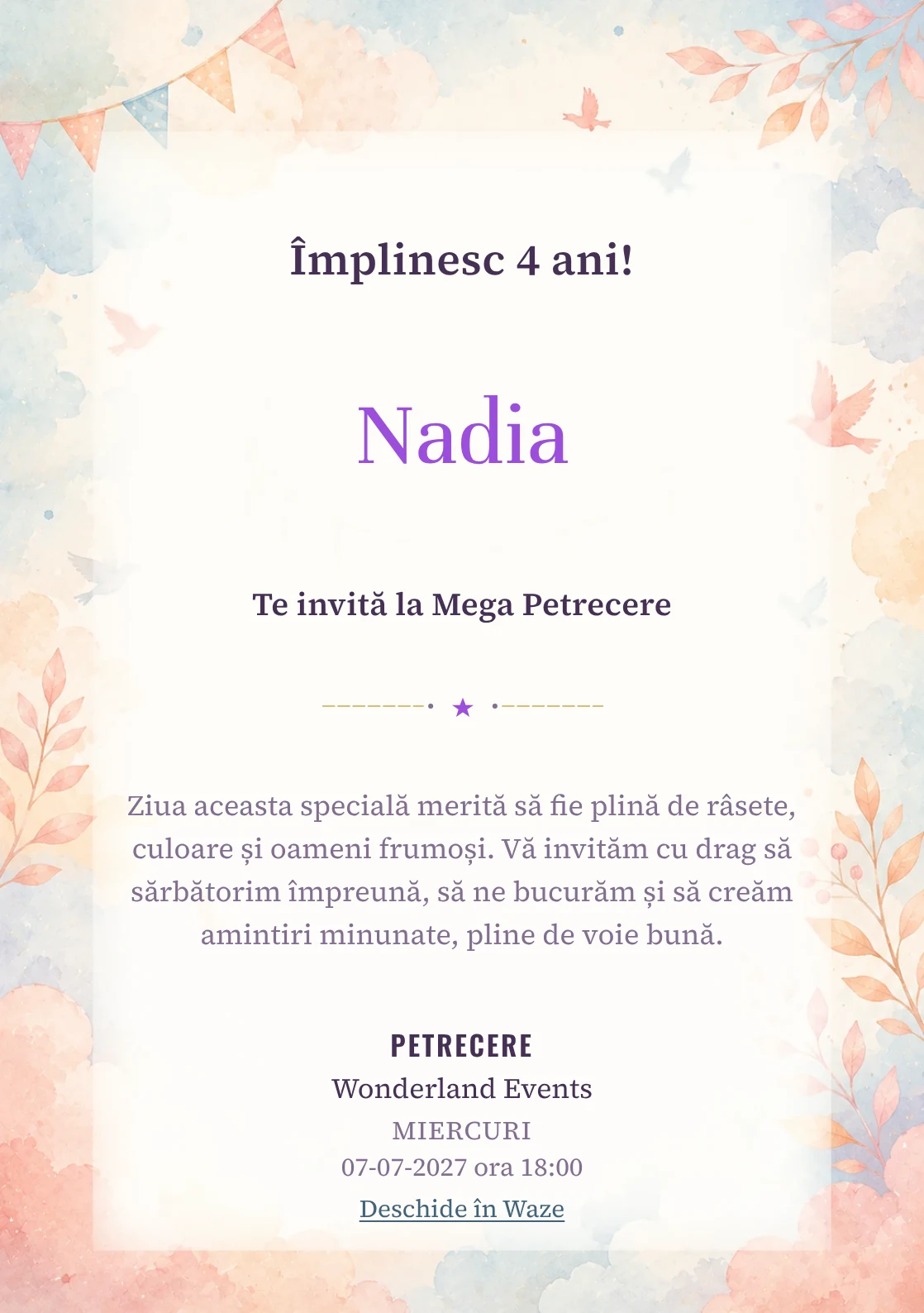 Modelul Balon cu Aer, invitație de zi de naștere pentru copii, prezintă un balon cu aer cald, nori și păsări mici.