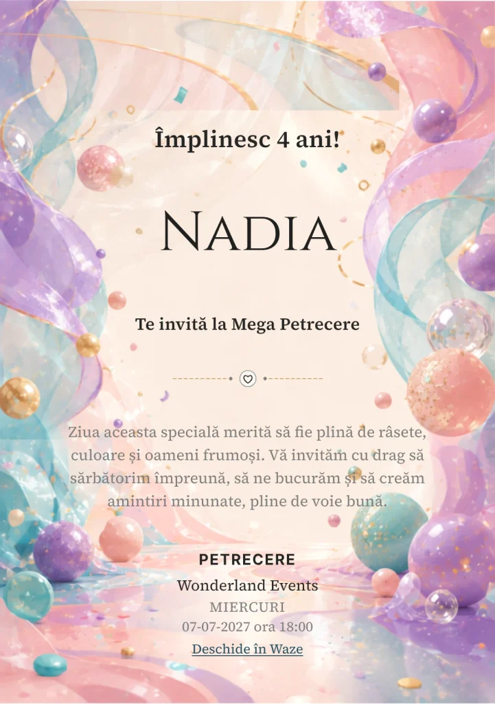 Invitație digitală Balul Culorilor pentru ziua de naștere a copiilor, cu sfere și panglici translucide.