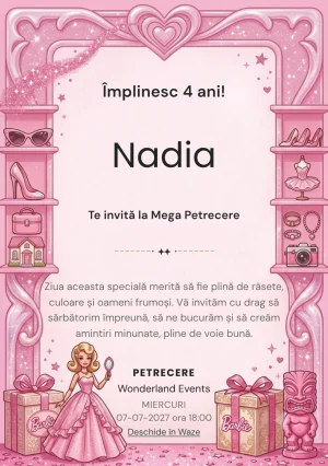Invitație Barbie pentru ziua de naștere a copiilor, modelul Barbie – Petrecerea Roz, cu un personaj feminin stil păpușă, decor roz, cadouri și elemente de prințesă.