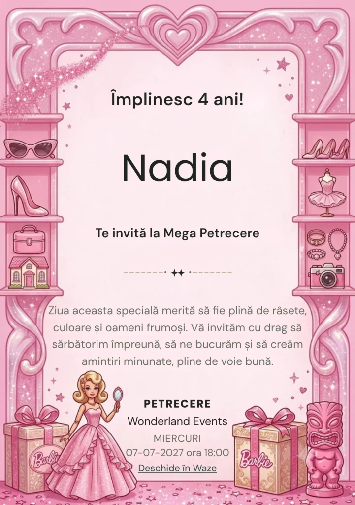 Invitație Barbie pentru ziua de naștere a copiilor, modelul Barbie – Petrecerea Roz, cu un personaj feminin stil păpușă, decor roz, cadouri și elemente de prințesă.