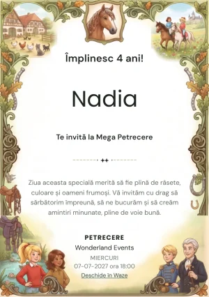 Bibi și Tina – Aventura la Ferma Cailor – invitație aniversară pentru copii, cu un cadru rustic cu cai, peisaj de fermă și personaje tinere.
