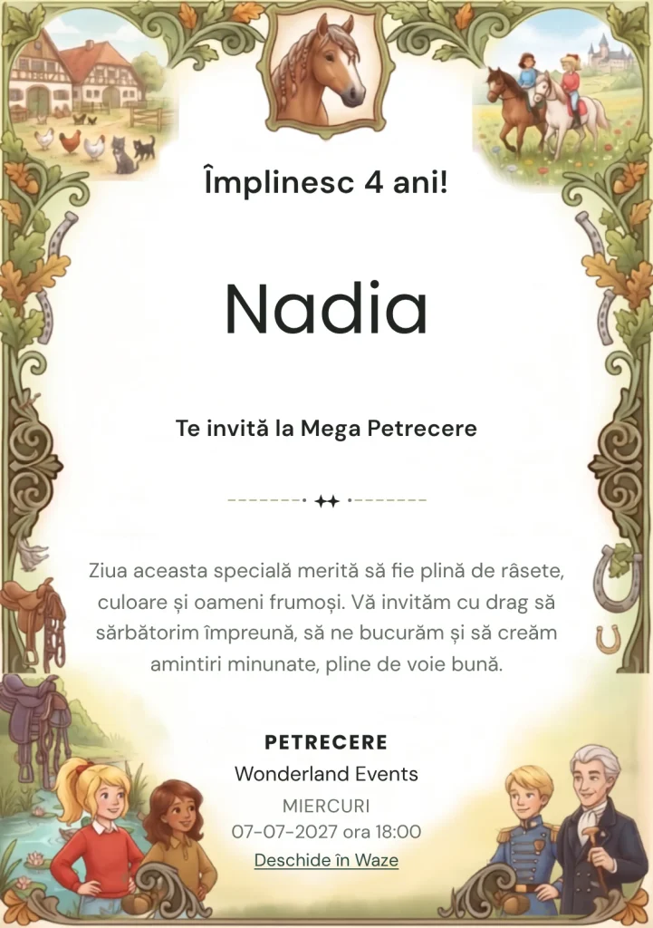 Bibi și Tina – Aventura la Ferma Cailor – invitație aniversară pentru copii, cu un cadru rustic cu cai, peisaj de fermă și personaje tinere.