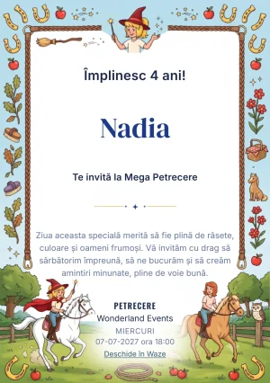 Modelul Bibi și Tina – Prietenele Călărețe, invitație de zi de naștere pentru copii, prezintă o scenă ecvestră cu fete călare, cai, potcoave și elemente de natură.