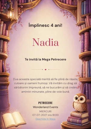 Invitație digitală Biblioteca Fermecată pentru ziua de naștere a copiilor, cu o carte plutitoare și o mică bufniță.