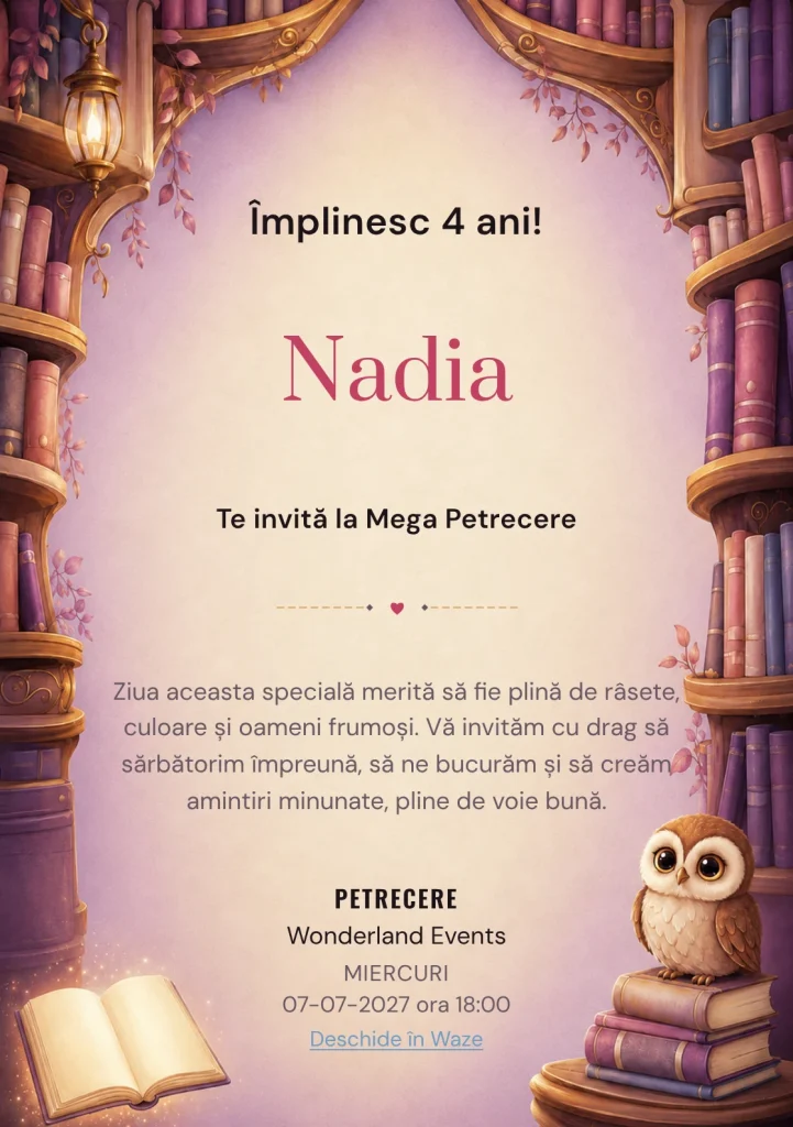 Invitație digitală Biblioteca Fermecată pentru ziua de naștere a copiilor, cu o carte plutitoare și o mică bufniță.