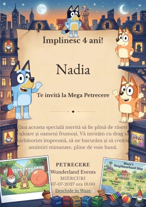 Invitație digitală Bluey – Jocuri în Familie pentru ziua de naștere a copiilor, cu o familie de cățeluși animați, casă, jucării și atmosferă caldă de seară.