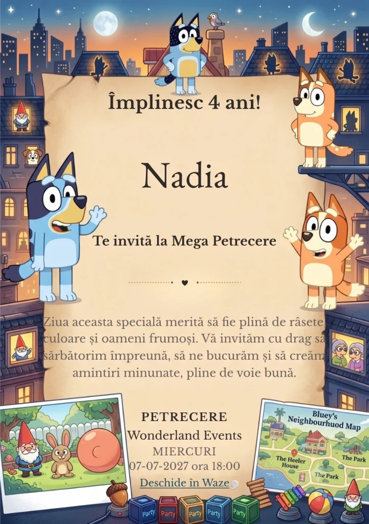 Invitație digitală Bluey – Jocuri în Familie pentru ziua de naștere a copiilor, cu o familie de cățeluși animați, casă, jucării și atmosferă caldă de seară.