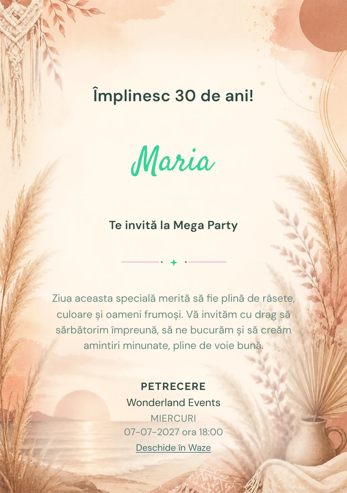 Invitație digitală Boho Sunset pentru ziua de naștere a adulților, cu pampas, apus boho și tonuri teracotă.