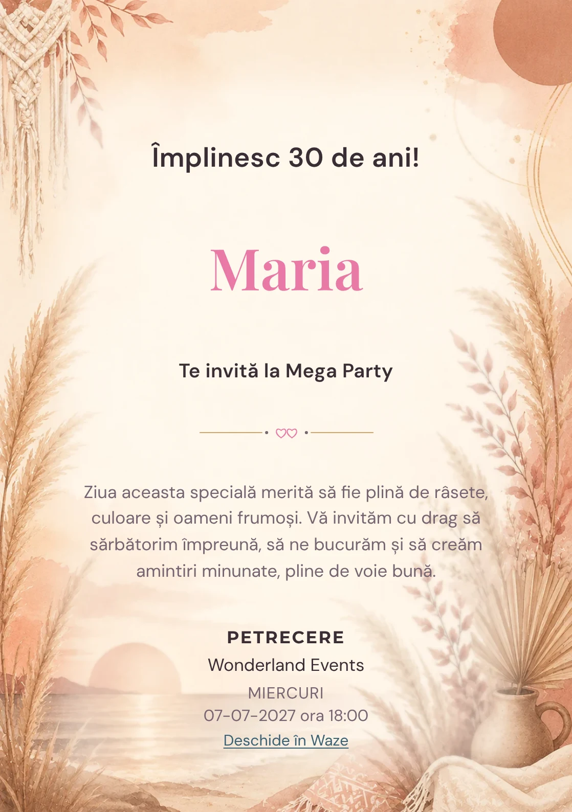 Invitație digitală Boho Sunset pentru ziua de naștere a adulților, cu pampas, apus boho și tonuri teracotă.