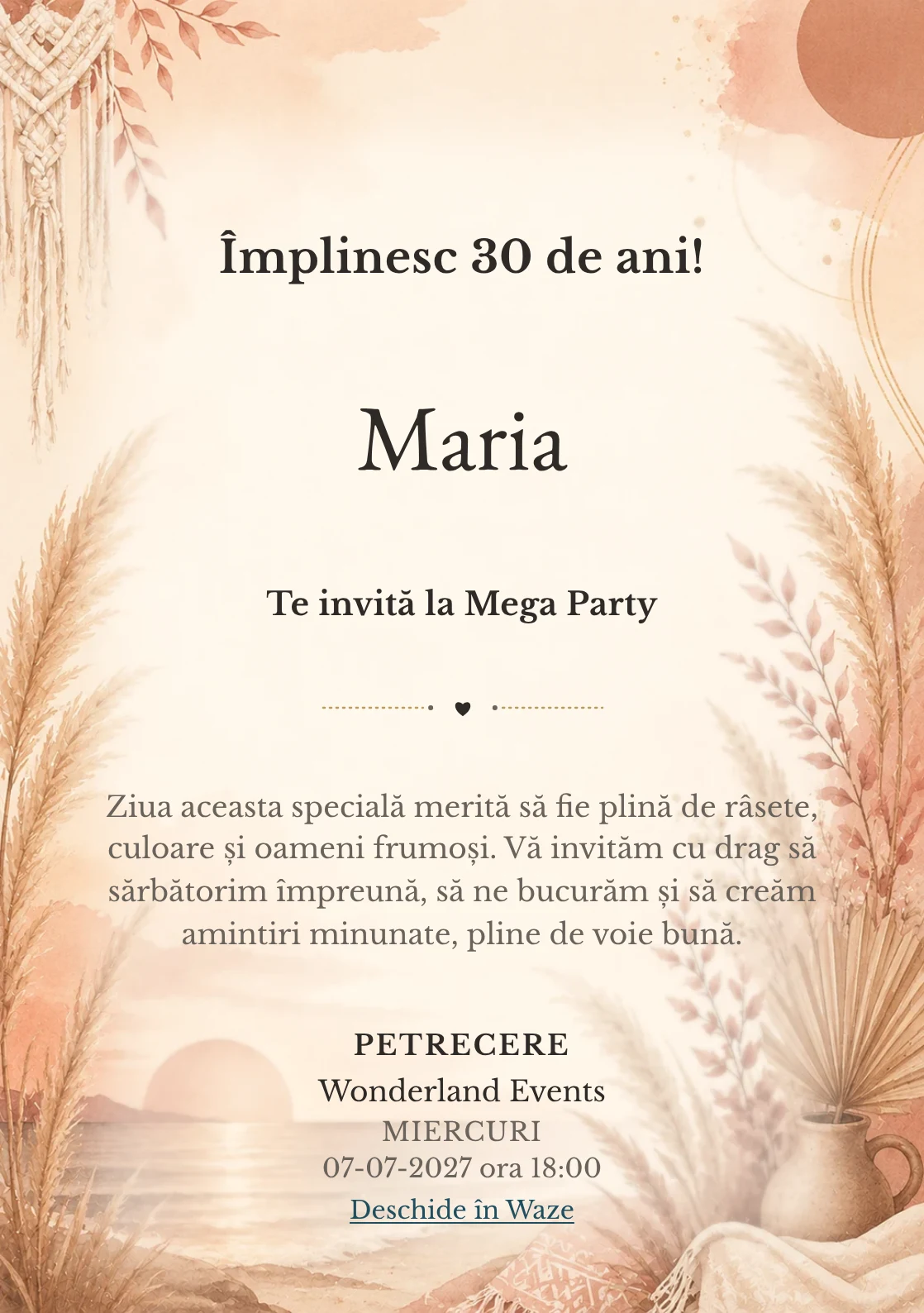 Invitație digitală Boho Sunset pentru ziua de naștere a adulților, cu pampas, apus boho și tonuri teracotă.