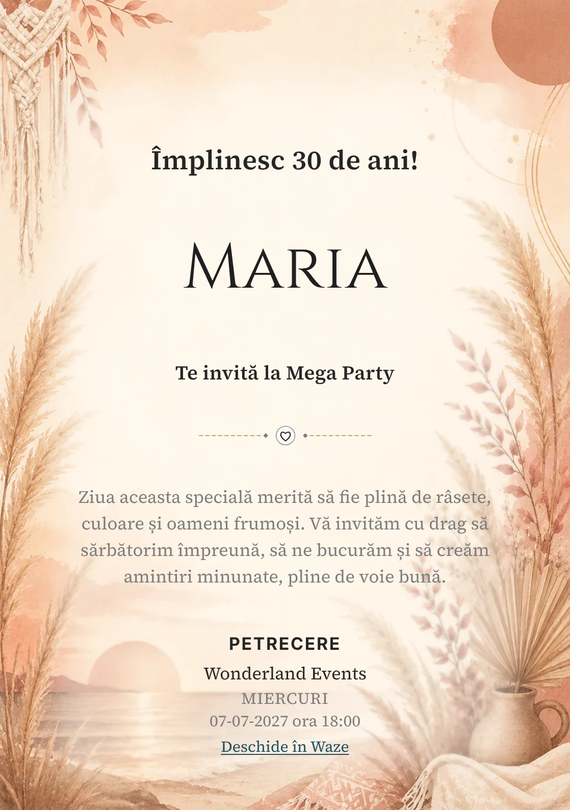 Invitație digitală Boho Sunset pentru ziua de naștere a adulților, cu pampas, apus boho și tonuri teracotă.