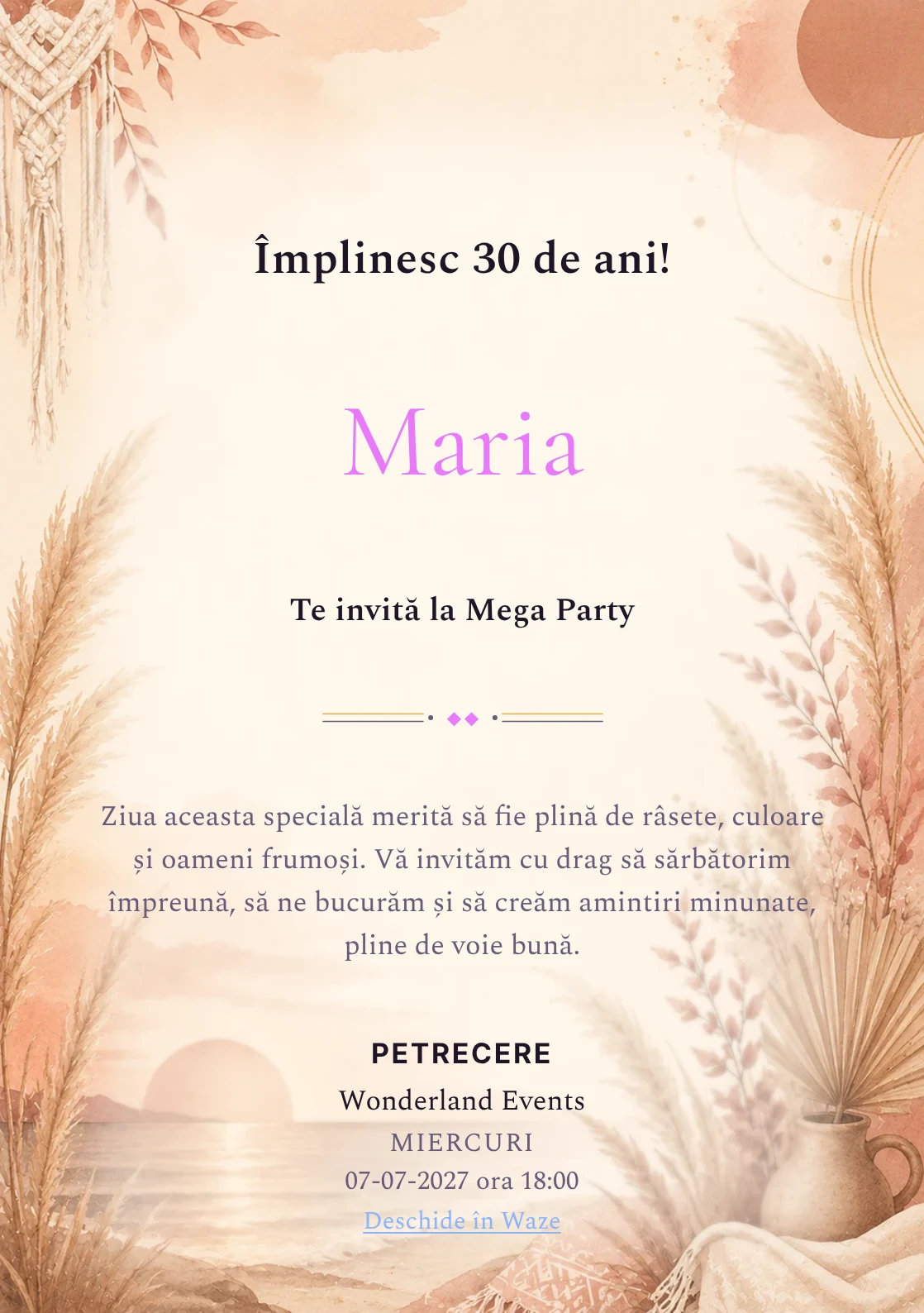 Invitație digitală Boho Sunset pentru ziua de naștere a adulților, cu pampas, apus boho și tonuri teracotă.